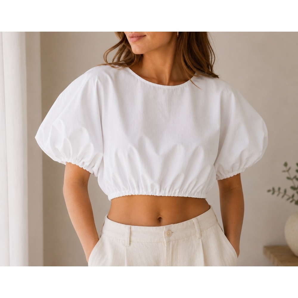 Gianni Bini White Cotton Poplin Bubble Hem Crop Top Dolman Sleeve Womens Small
